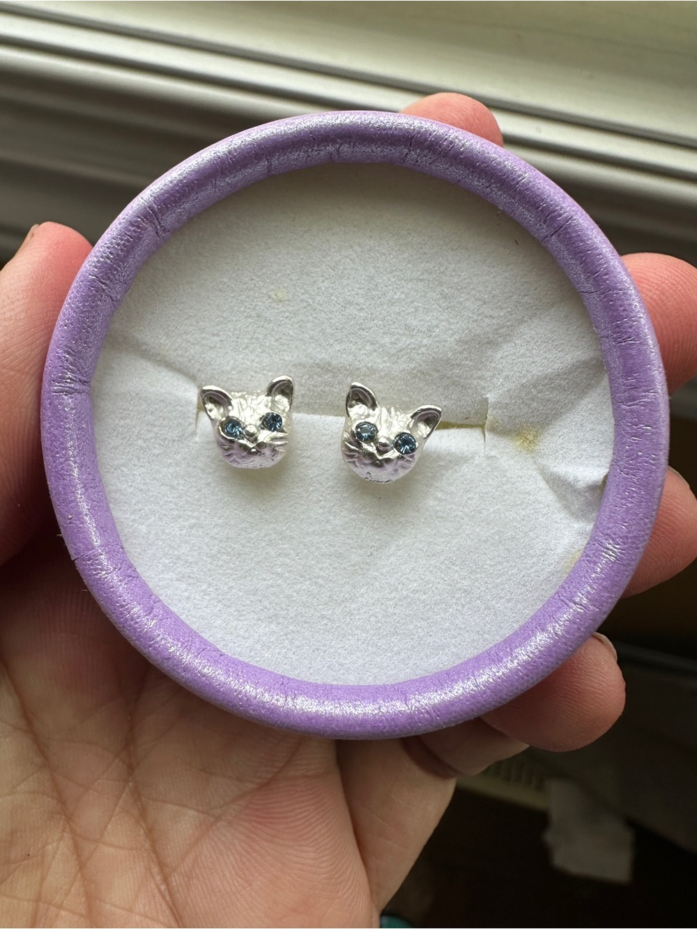 Silver Cat Face Stud Earrings with Blue Stone Eyes